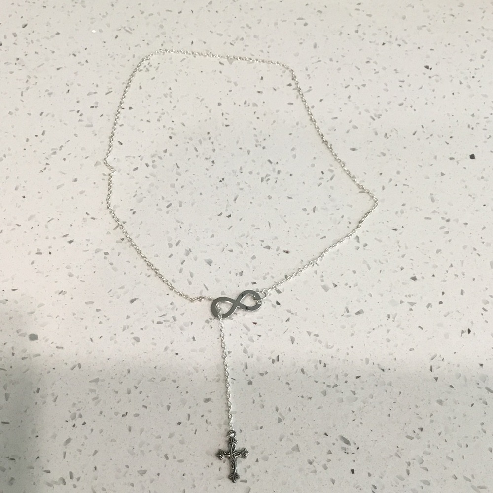 Infinity Lariat Necklace with Cross Pendant - Silver